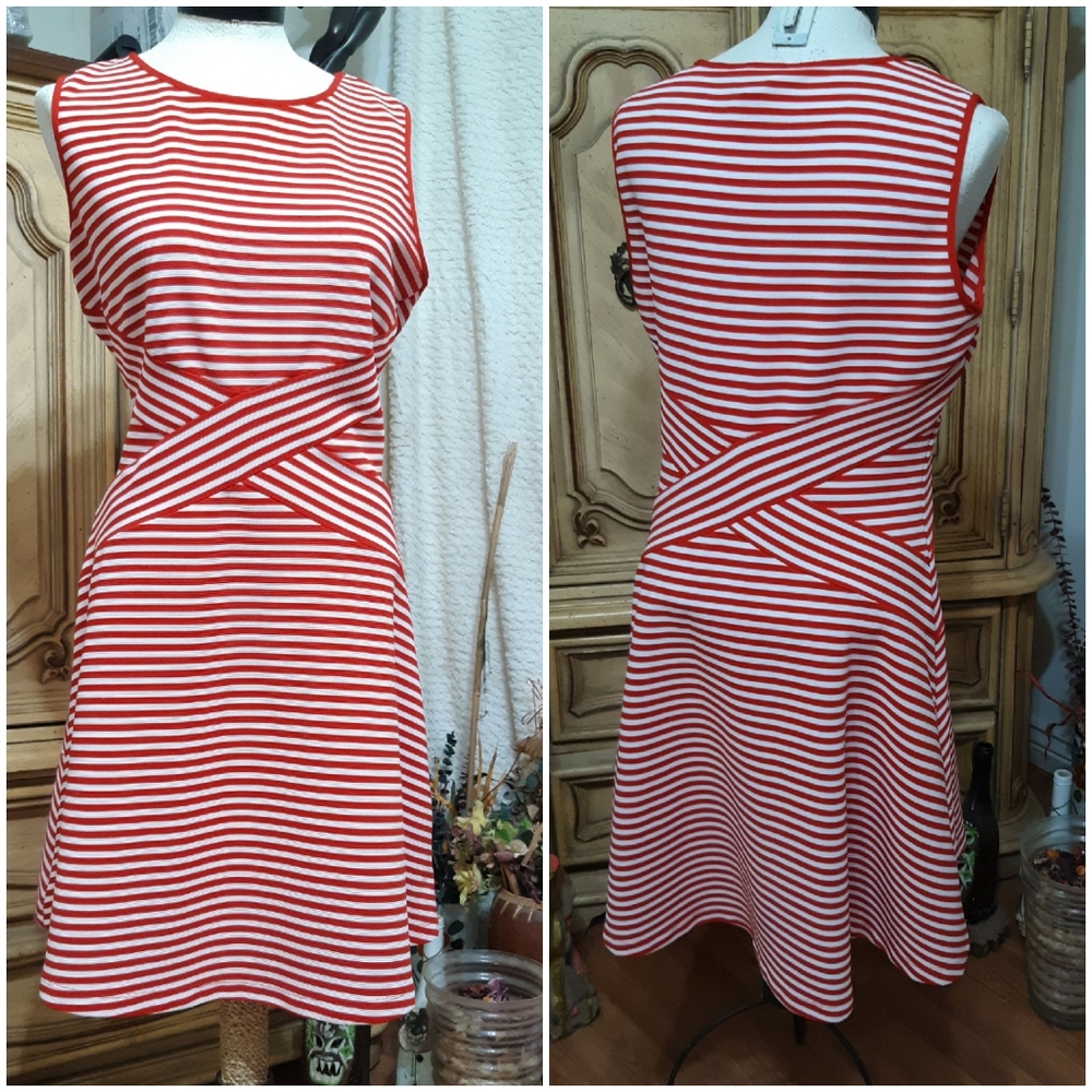 Womens Red White Dress Sz XL Striped Sleeveless B10 TRULLI Holiday July Summer